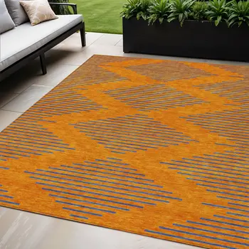 5' X 8' Orange And Blue Geometric Washable Indoor Outdoor Area Rug