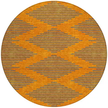 8' Orange And Blue Round Geometric Washable Indoor Outdoor Area Rug