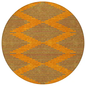 8' Orange And Blue Round Geometric Washable Indoor Outdoor Area Rug