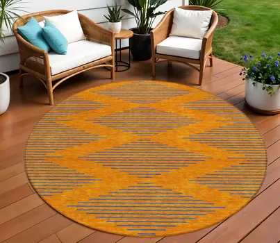 8' Orange And Blue Round Geometric Washable Indoor Outdoor Area Rug