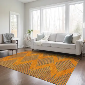 8' X 10' Orange And Blue Geometric Washable Indoor Outdoor Area Rug