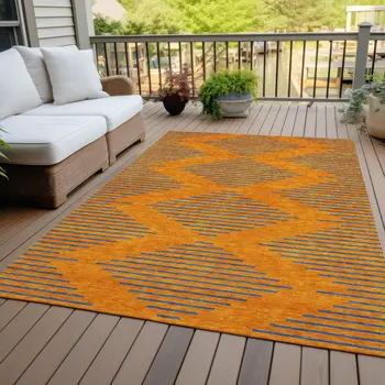 10' X 14' Orange And Blue Geometric Washable Indoor Outdoor Area Rug