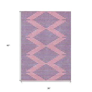 3' X 5' Pink And Blue Geometric Washable Indoor Outdoor Area Rug