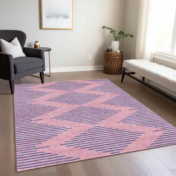 3' X 5' Pink And Blue Geometric Washable Indoor Outdoor Area Rug