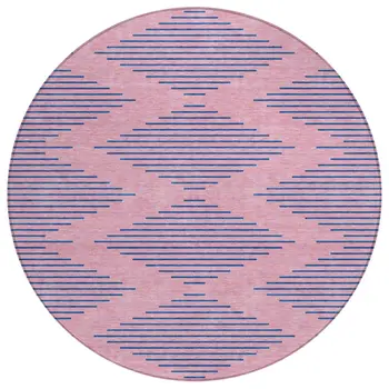 8' Pink And Blue Round Geometric Washable Indoor Outdoor Area Rug