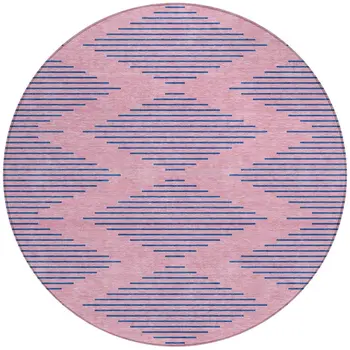 8' Pink And Blue Round Geometric Washable Indoor Outdoor Area Rug