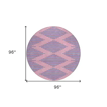 8' Pink And Blue Round Geometric Washable Indoor Outdoor Area Rug