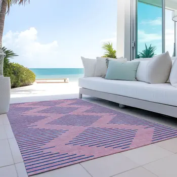 10' X 14' Pink And Blue Geometric Washable Indoor Outdoor Area Rug