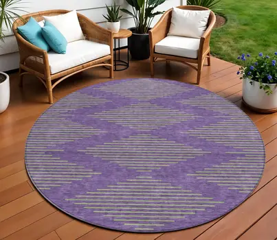8' Purple And Green Round Geometric Washable Indoor Outdoor Area Rug