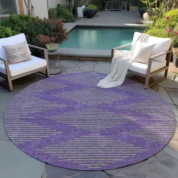 8' Purple And Green Round Geometric Washable Indoor Outdoor Area Rug
