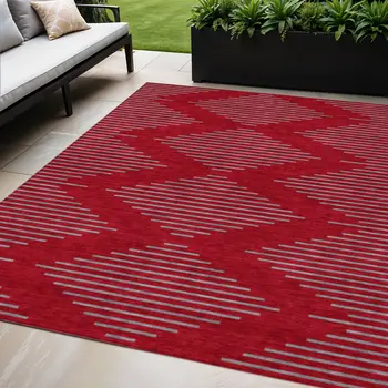 5' X 8' Red And Gray Geometric Washable Indoor Outdoor Area Rug