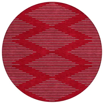 8' Red And Gray Round Geometric Washable Indoor Outdoor Area Rug