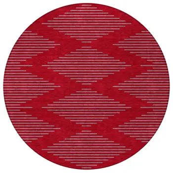 8' Red And Gray Round Geometric Washable Indoor Outdoor Area Rug