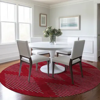 8' Red And Gray Round Geometric Washable Indoor Outdoor Area Rug