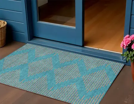 3' X 5' Teal Blue And Pink Geometric Washable Indoor Outdoor Area Rug