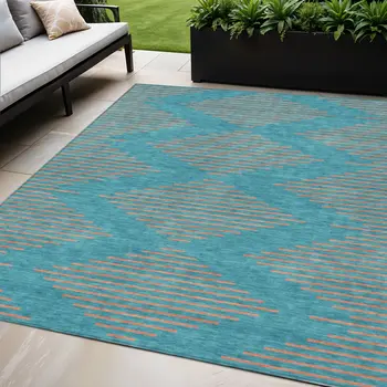 5' X 8' Teal Blue And Pink Geometric Washable Indoor Outdoor Area Rug