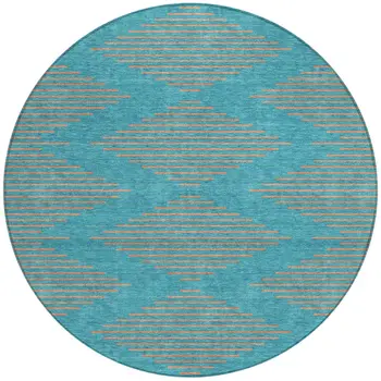 8' Teal Blue And Pink Round Geometric Washable Indoor Outdoor Area Rug