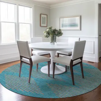 8' Teal Blue And Pink Round Geometric Washable Indoor Outdoor Area Rug