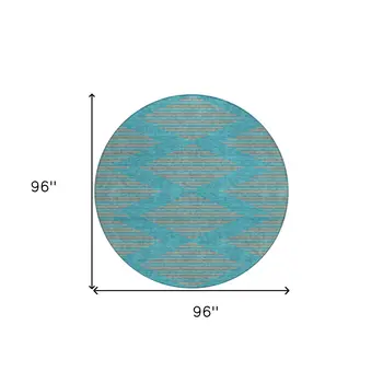 8' Teal Blue And Pink Round Geometric Washable Indoor Outdoor Area Rug