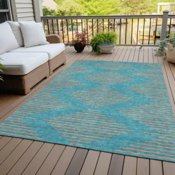 8' X 10' Teal Blue And Pink Geometric Washable Indoor Outdoor Area Rug