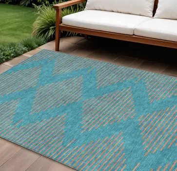 9' X 12' Teal Blue And Pink Geometric Washable Indoor Outdoor Area Rug