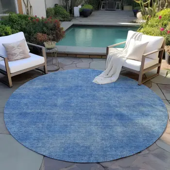 8' Blue Round Washable Indoor Outdoor Area Rug