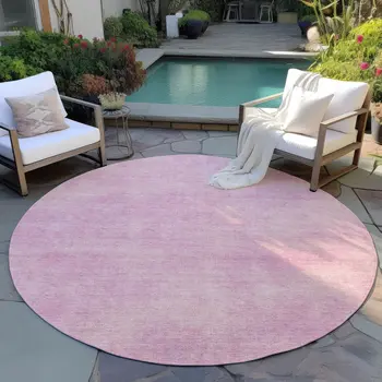 8' Pink Round Washable Indoor Outdoor Area Rug