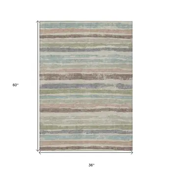 3' X 5' Beige Brown And Gray Striped Washable Indoor Outdoor Area Rug