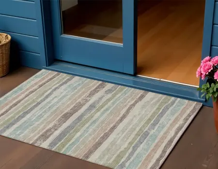 3' X 5' Beige Brown And Gray Striped Washable Indoor Outdoor Area Rug