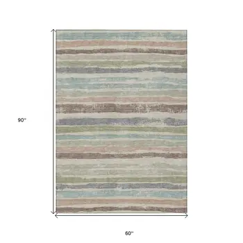 5' X 8' Beige Brown And Gray Striped Washable Indoor Outdoor Area Rug