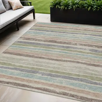 5' X 8' Beige Brown And Gray Striped Washable Indoor Outdoor Area Rug