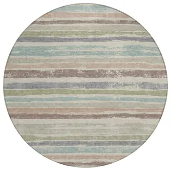 8' Beige Brown And Gray Round Striped Washable Indoor Outdoor Area Rug