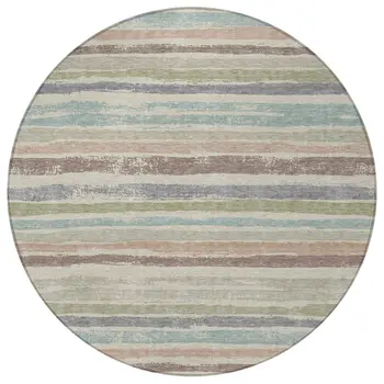 8' Beige Brown And Gray Round Striped Washable Indoor Outdoor Area Rug