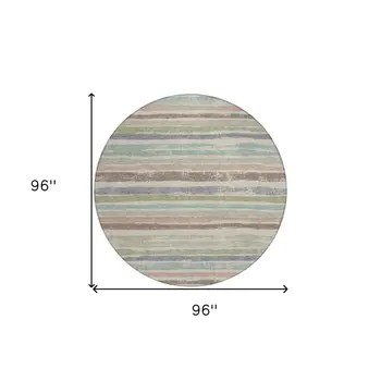 8' Beige Brown And Gray Round Striped Washable Indoor Outdoor Area Rug