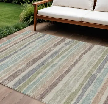 8' X 10' Beige Brown And Gray Striped Washable Indoor Outdoor Area Rug