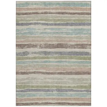 9' X 12' Beige Brown And Gray Striped Washable Indoor Outdoor Area Rug
