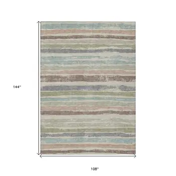 9' X 12' Beige Brown And Gray Striped Washable Indoor Outdoor Area Rug