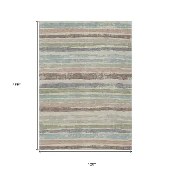 10' X 14' Beige Brown And Gray Striped Washable Indoor Outdoor Area Rug