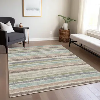 10' X 14' Beige Brown And Gray Striped Washable Indoor Outdoor Area Rug