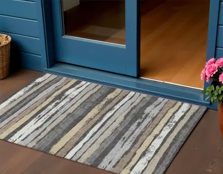 3' X 5' Charcoal Beige And Brown Striped Washable Indoor Outdoor Area Rug