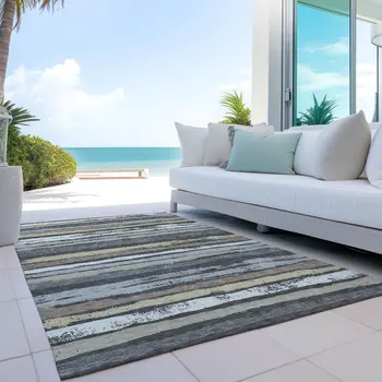 5' X 8' Charcoal Beige And Brown Striped Washable Indoor Outdoor Area Rug