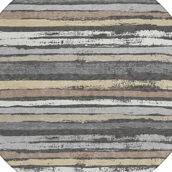 8' Charcoal Beige And Brown Round Striped Washable Indoor Outdoor Area Rug