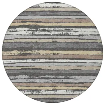 8' Charcoal Beige And Brown Round Striped Washable Indoor Outdoor Area Rug