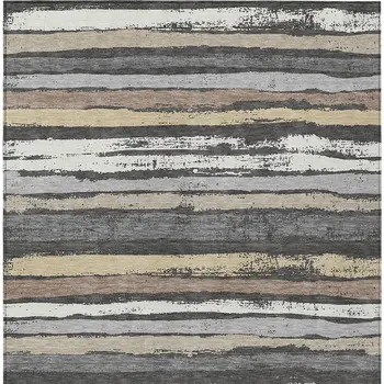 8' X 10' Charcoal Beige And Brown Striped Washable Indoor Outdoor Area Rug