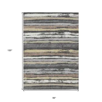 8' X 10' Charcoal Beige And Brown Striped Washable Indoor Outdoor Area Rug