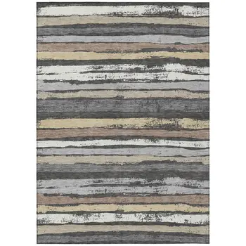 8' X 10' Charcoal Beige And Brown Striped Washable Indoor Outdoor Area Rug