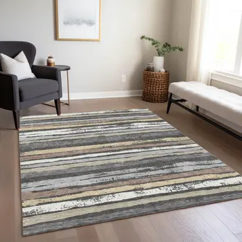 8' X 10' Charcoal Beige And Brown Striped Washable Indoor Outdoor Area Rug