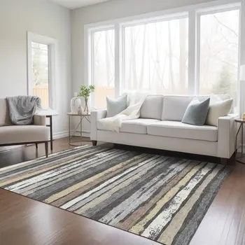 8' X 10' Charcoal Beige And Brown Striped Washable Indoor Outdoor Area Rug