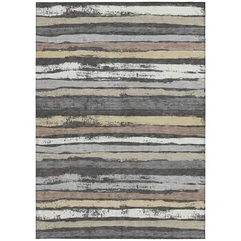 10' X 14' Charcoal Beige And Brown Striped Washable Indoor Outdoor Area Rug