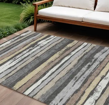 10' X 14' Charcoal Beige And Brown Striped Washable Indoor Outdoor Area Rug